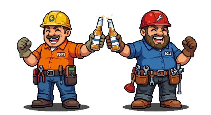 Volt and Dip cheering with beers